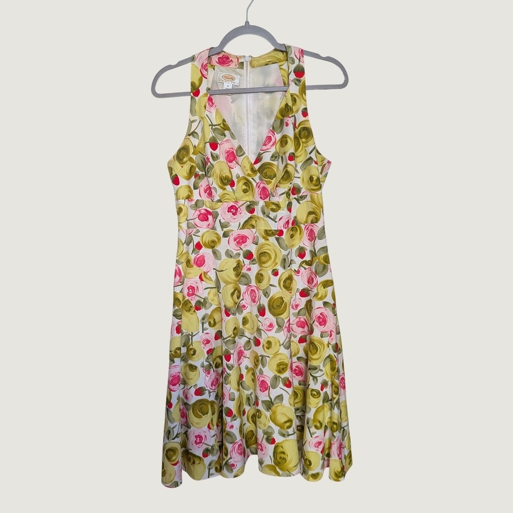 Talbots Petites Cottage Garden Floral Rose Fit Flare Dress Green Pink Size 10P